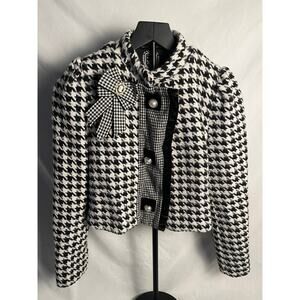House of Barretti Houndstooth Tweed Jacket Pearl Buttons Bow Accent Size S/M